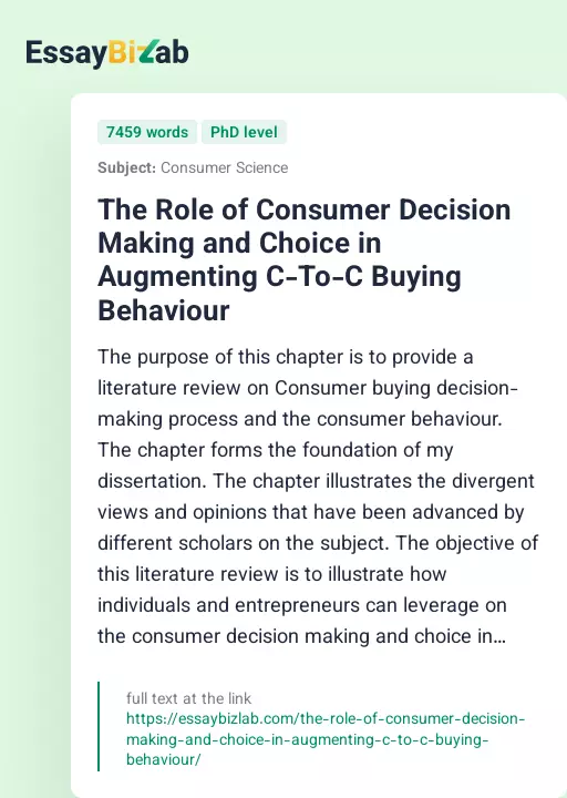 The Role of Consumer Decision Making and Choice in Augmenting C-To-C Buying Behaviour - Essay Preview