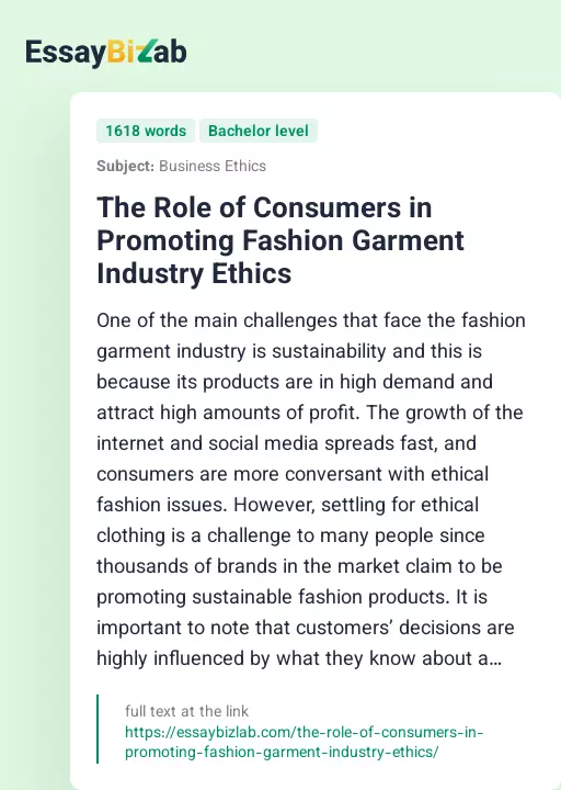The Role of Consumers in Promoting Fashion Garment Industry Ethics - Essay Preview