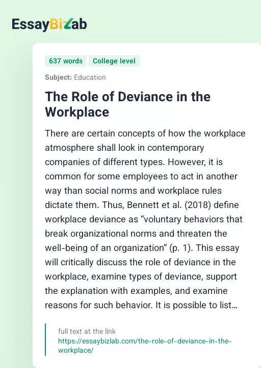 The Role of Deviance in the Workplace - Essay Preview