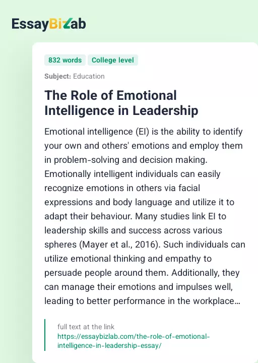 The Role of Emotional Intelligence in Leadership - Essay Preview