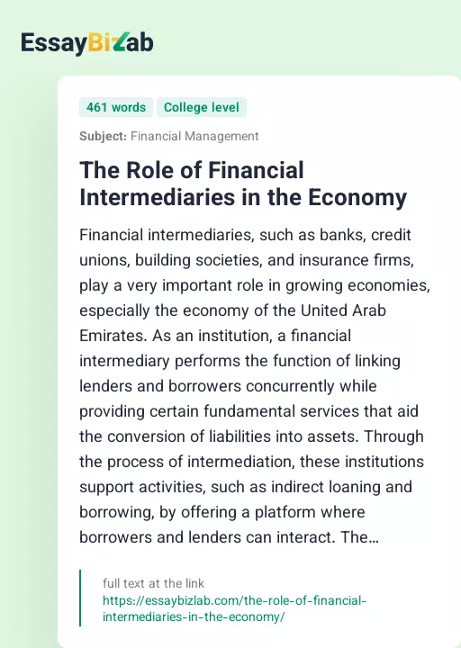 The Role of Financial Intermediaries in the Economy - Essay Preview