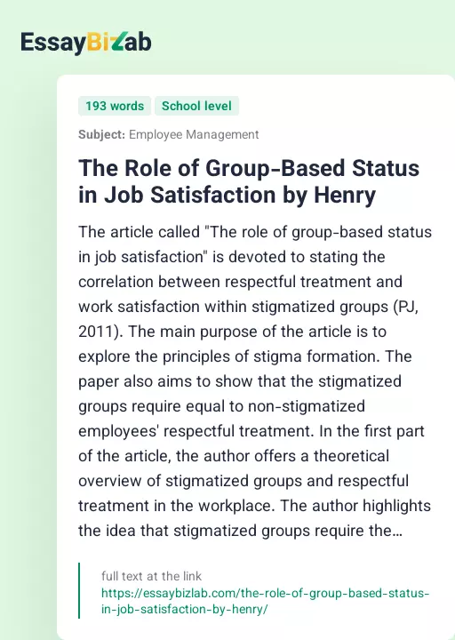The Role of Group-Based Status in Job Satisfaction by Henry - Essay Preview