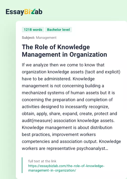 The Role of Knowledge Management in Organization - Essay Preview