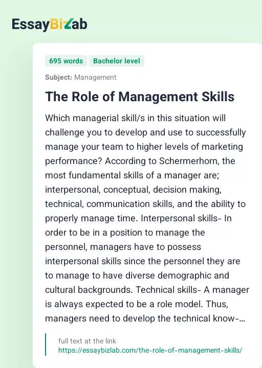 The Role of Management Skills - Essay Preview