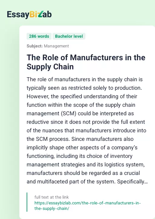 The Role of Manufacturers in the Supply Chain - Essay Preview
