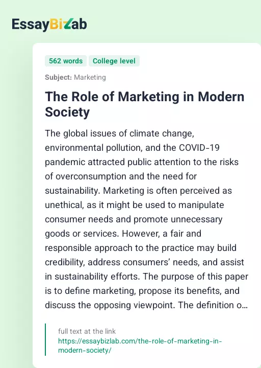 The Role of Marketing in Modern Society - Essay Preview