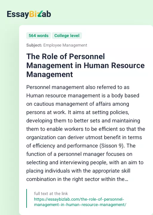 The Role of Personnel Management in Human Resource Management - Essay Preview