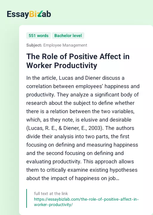 The Role of Positive Affect in Worker Productivity - Essay Preview