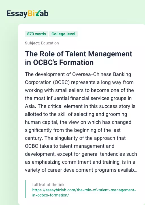 The Role of Talent Management in OCBC's Formation - Essay Preview