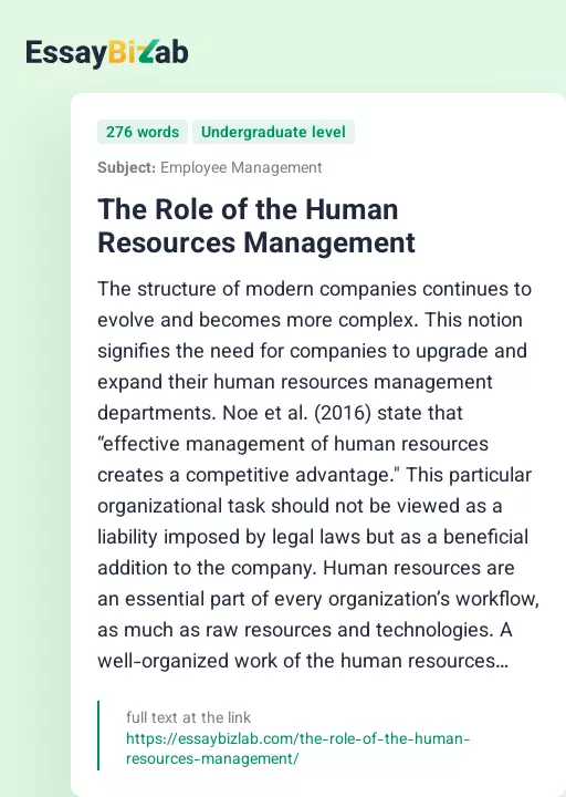 The Role of the Human Resources Management - Essay Preview