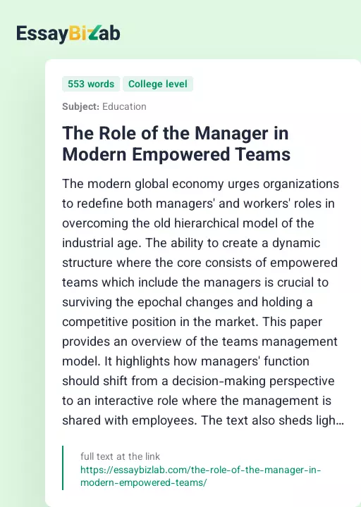 The Role of the Manager in Modern Empowered Teams - Essay Preview