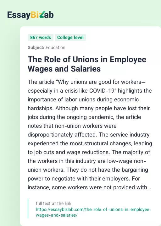 The Role of Unions in Employee Wages and Salaries - Essay Preview