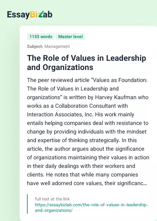 The Role of Values in Leadership and Organizations - Essay Preview