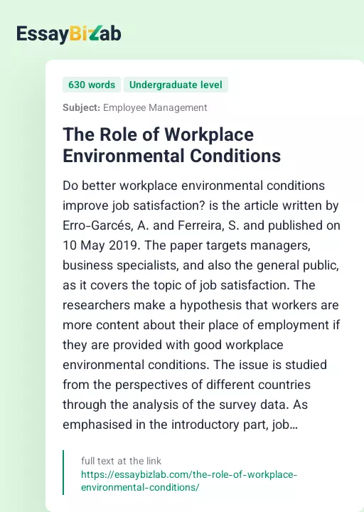 The Role of Workplace Environmental Conditions - Essay Preview
