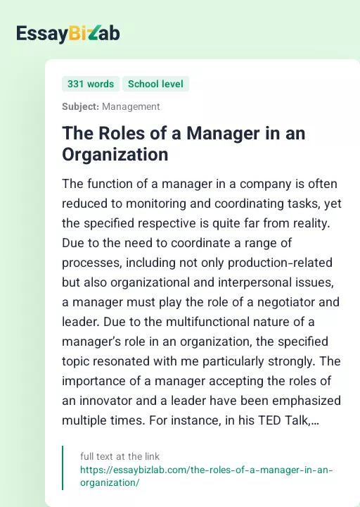 The Roles of a Manager in an Organization - Essay Preview