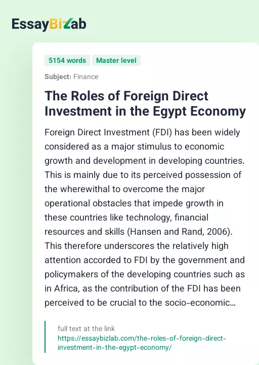The Roles of Foreign Direct Investment in the Egypt Economy - Essay Preview