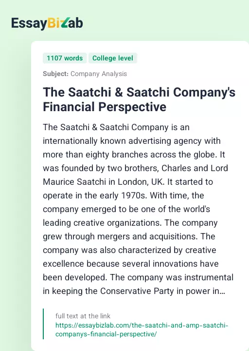 The Saatchi & Saatchi Company's Financial Perspective - Essay Preview