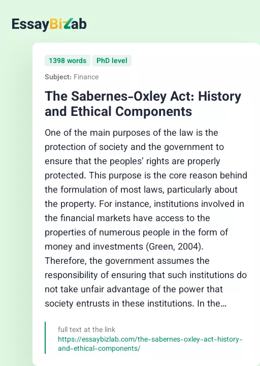 The Sabernes-Oxley Act: History and Ethical Components - Essay Preview