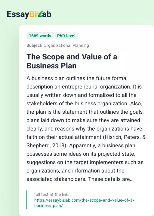 The Scope and Value of a Business Plan - Essay Preview