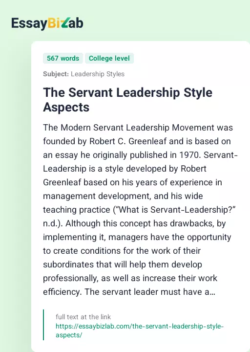 The Servant Leadership Style Aspects - Essay Preview