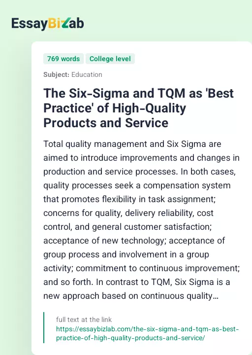 The Six-Sigma and TQM as 'Best Practice' of High-Quality Products and Service - Essay Preview