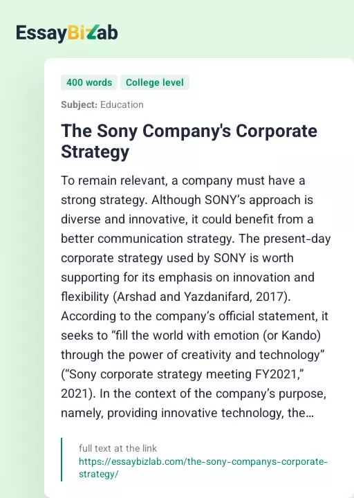 The Sony Company's Corporate Strategy - Essay Preview
