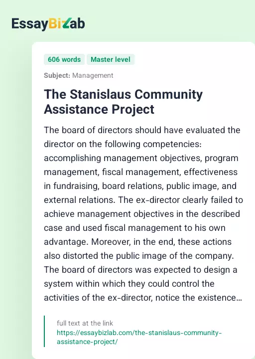 The Stanislaus Community Assistance Project - Essay Preview