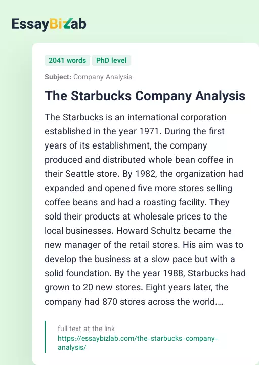 The Starbucks Company Analysis - Essay Preview