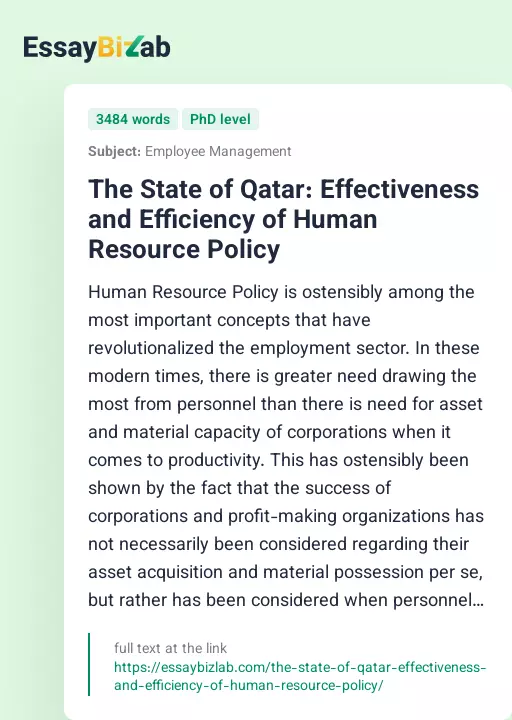 The State of Qatar: Effectiveness and Efficiency of Human Resource Policy - Essay Preview