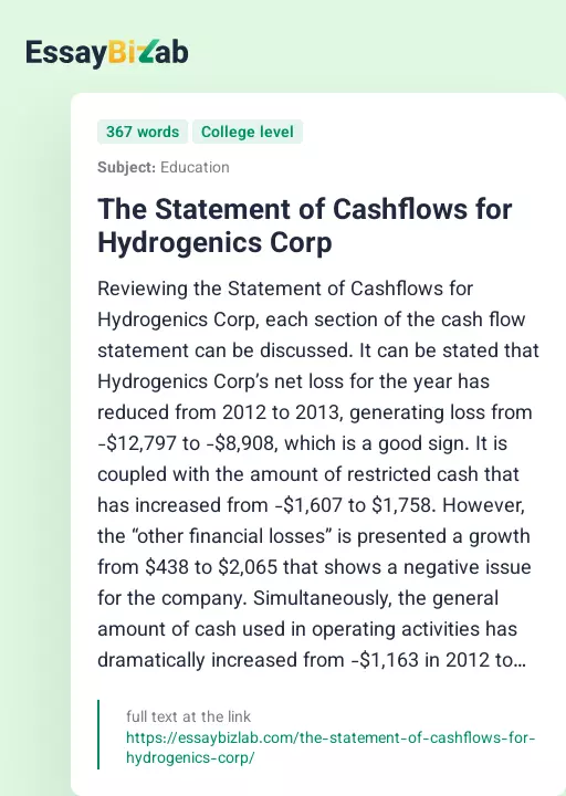 The Statement of Cashflows for Hydrogenics Corp - Essay Preview