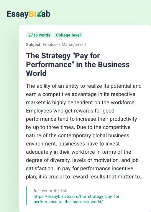 The Strategy "Pay for Performance" in the Business World - Essay Preview