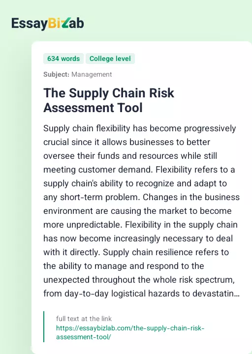 The Supply Chain Risk Assessment Tool - Essay Preview