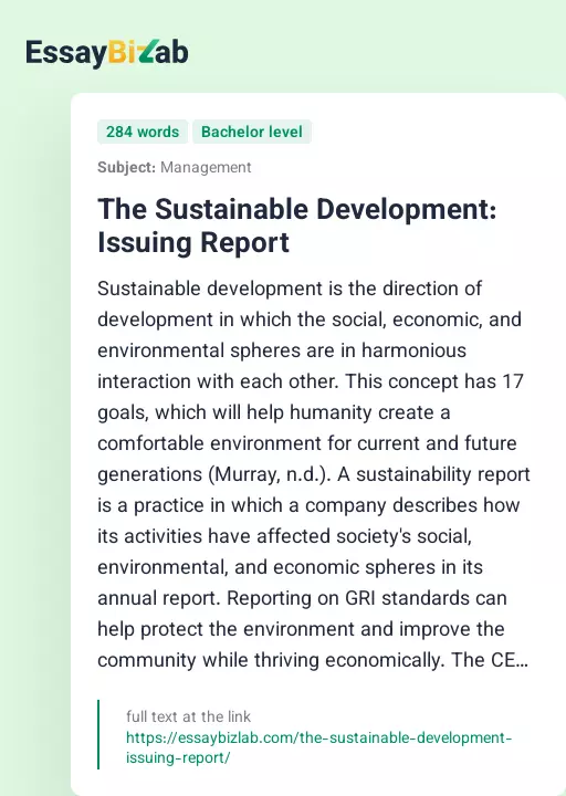 The Sustainable Development: Issuing Report - Essay Preview