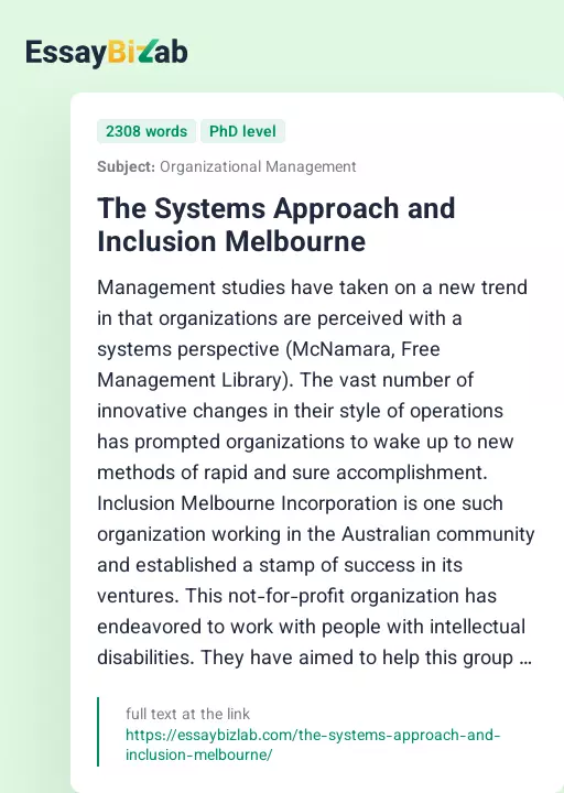 The Systems Approach and Inclusion Melbourne - Essay Preview