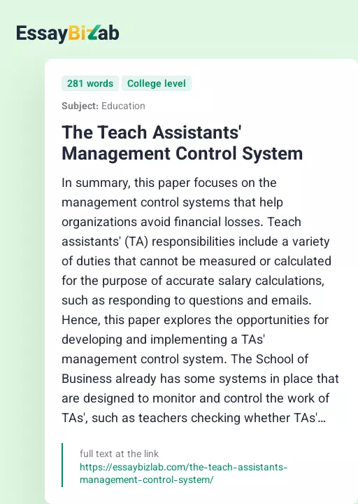 The Teach Assistants' Management Control System - Essay Preview