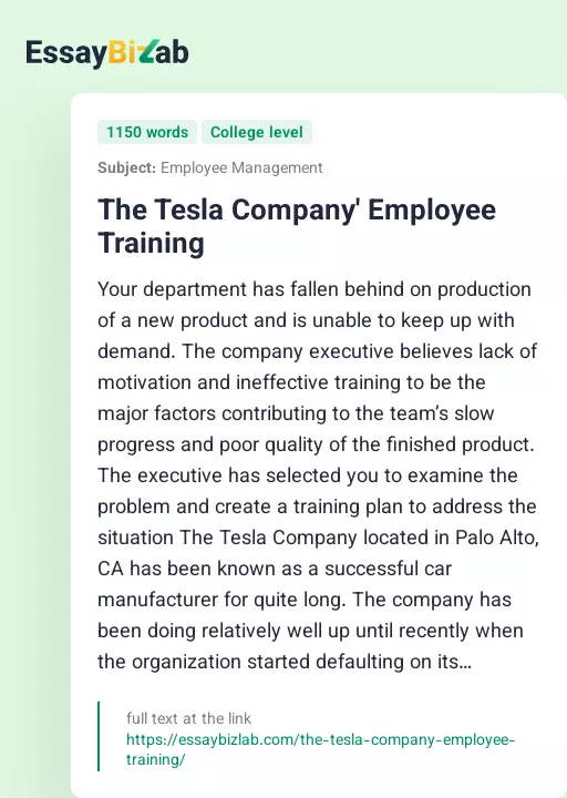 The Tesla Company' Employee Training - Essay Preview