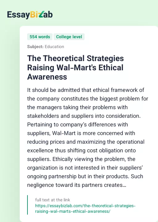 The Theoretical Strategies Raising Wal-Mart's Ethical Awareness - Essay Preview