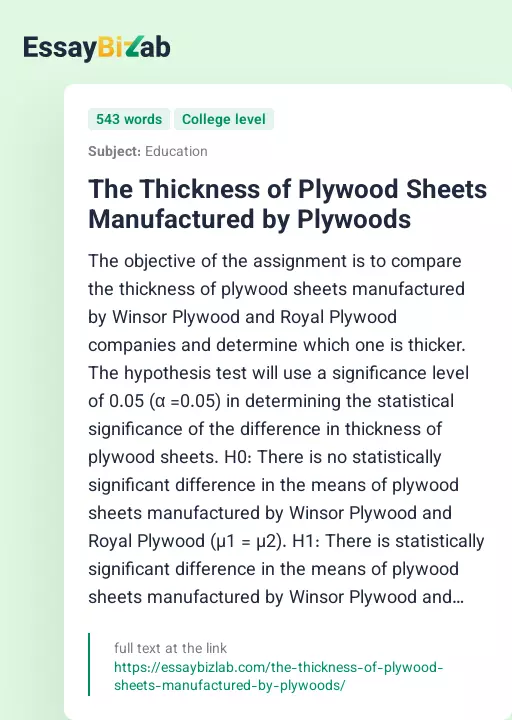 The Thickness of Plywood Sheets Manufactured by Plywoods - Essay Preview