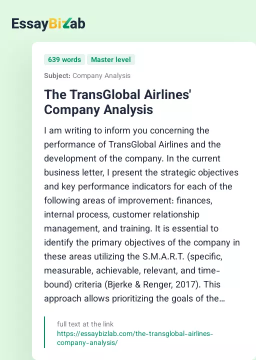 The TransGlobal Airlines' Company Analysis - Essay Preview