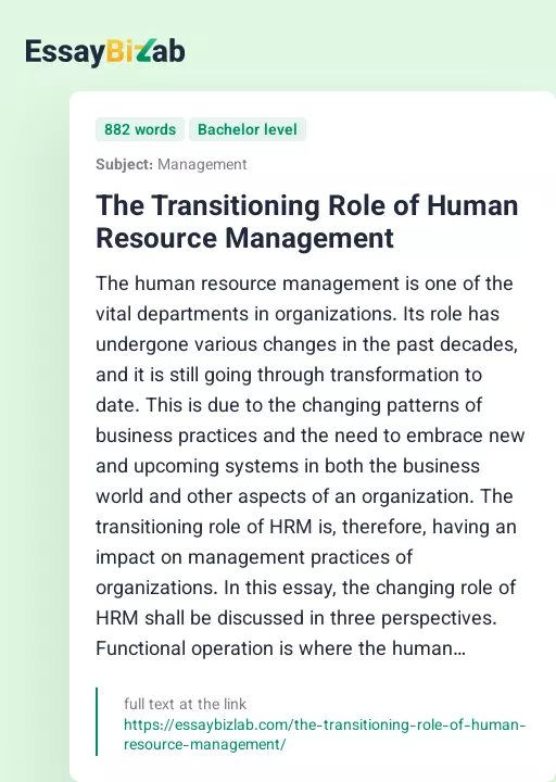 The Transitioning Role of Human Resource Management - Essay Preview
