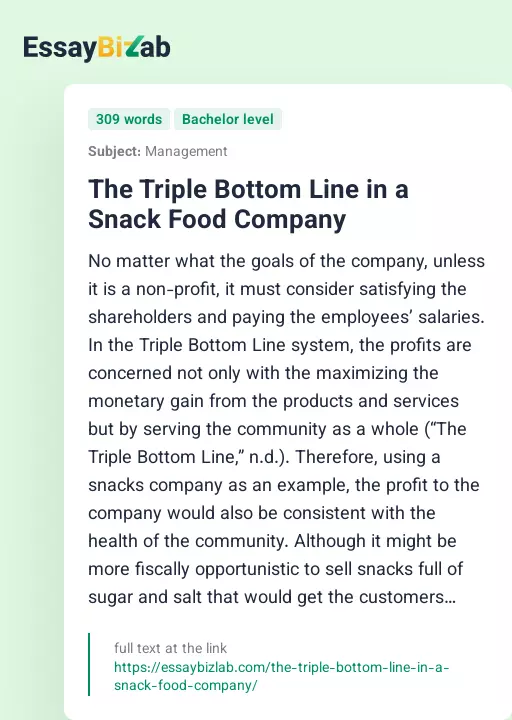 The Triple Bottom Line in a Snack Food Company - Essay Preview