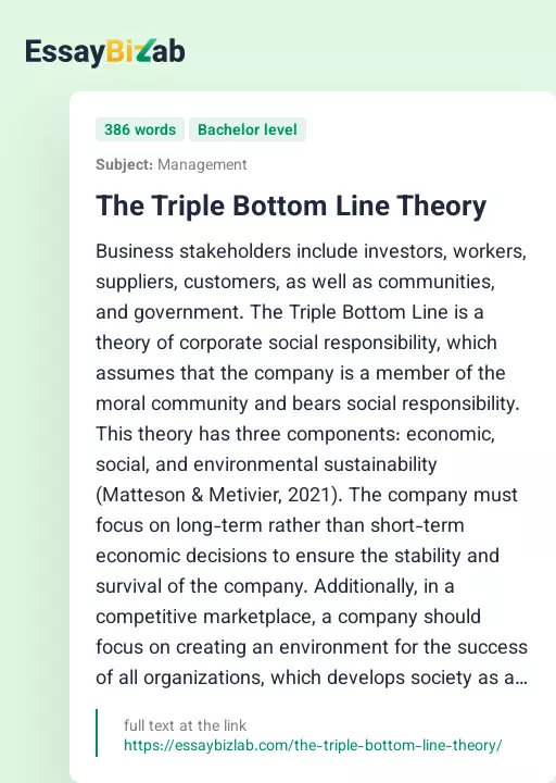 The Triple Bottom Line Theory - Essay Preview