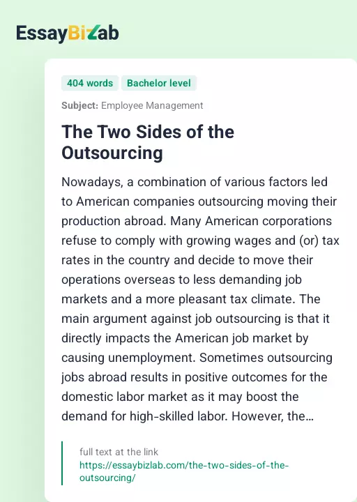 The Two Sides of the Outsourcing - Essay Preview