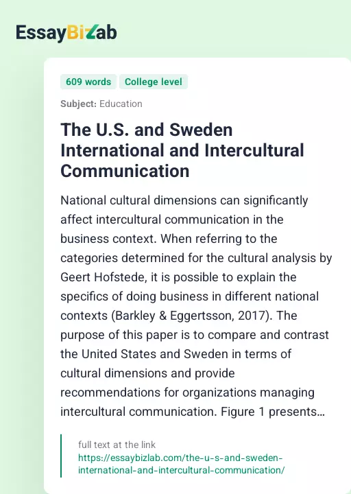 The U.S. and Sweden International and Intercultural Communication - Essay Preview