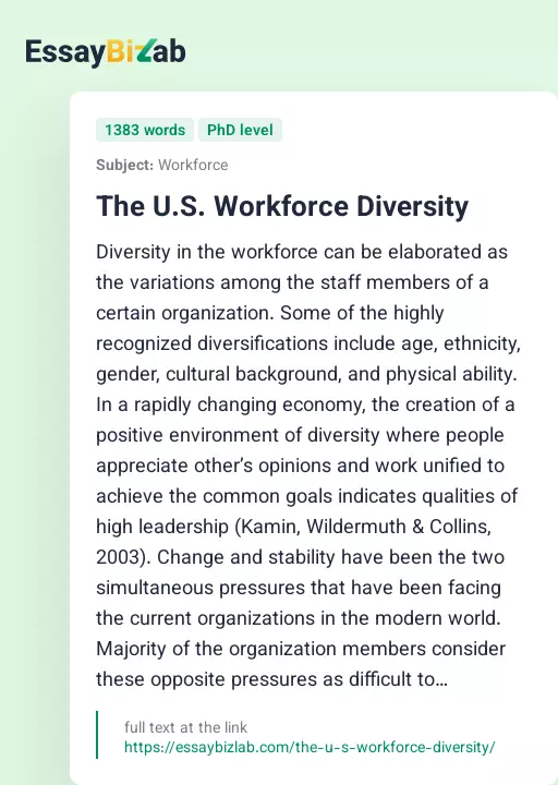 The U.S. Workforce Diversity - Essay Preview