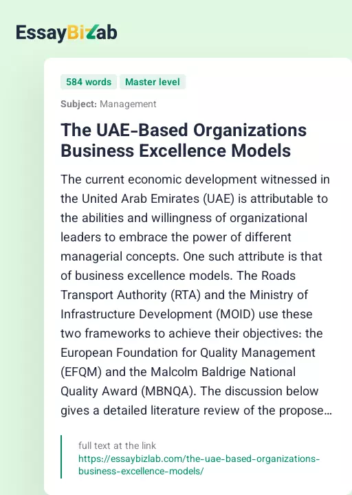 The UAE-Based Organizations Business Excellence Models - Essay Preview
