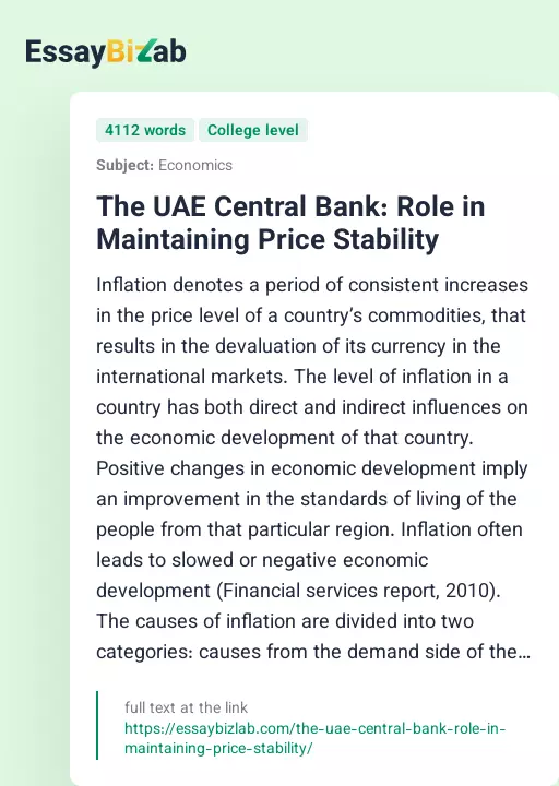 The UAE Central Bank: Role in Maintaining Price Stability - Essay Preview