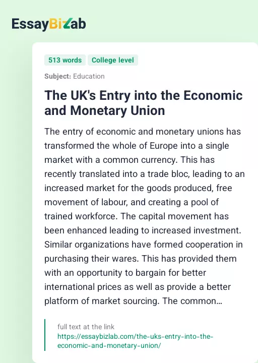 The UK's Entry into the Economic and Monetary Union - Essay Preview