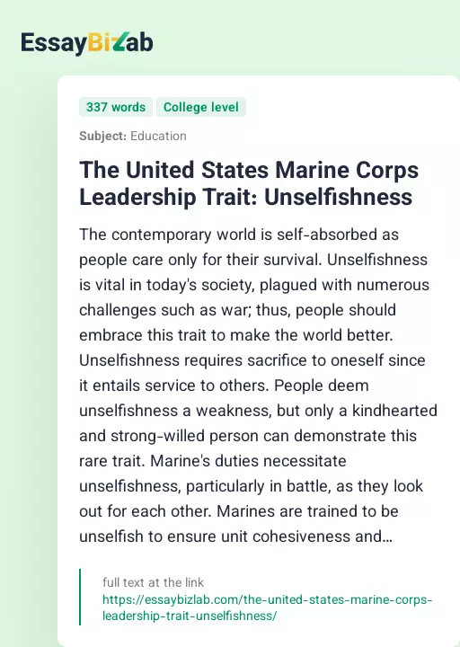 The United States Marine Corps Leadership Trait: Unselfishness - Essay Preview