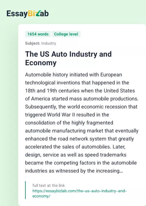 The US Auto Industry and Economy - Essay Preview